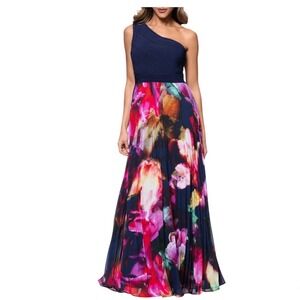 Xscape Evenings One Shoulder Pleated Floral Maxi Navy Fuchsia  Dress SZ 10